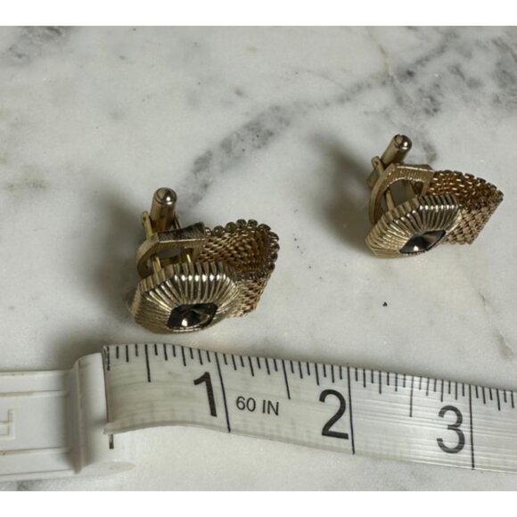 Vintage Gold Tone Mesh Cufflinks with Brown Rhinestone Perfect For Wedding - Picture 3 of 4